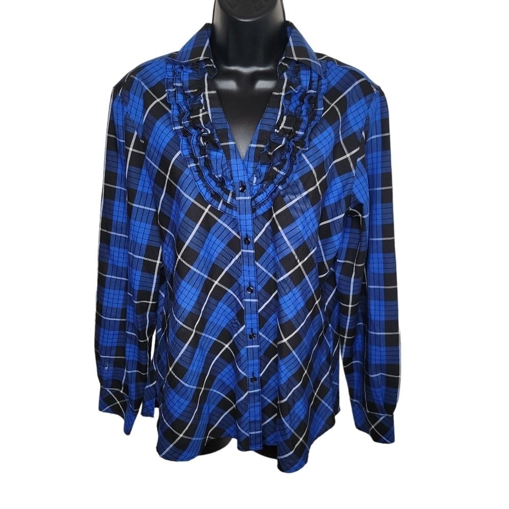 Foxcroft Nwot plaid ruffle neck blouse top size 12
